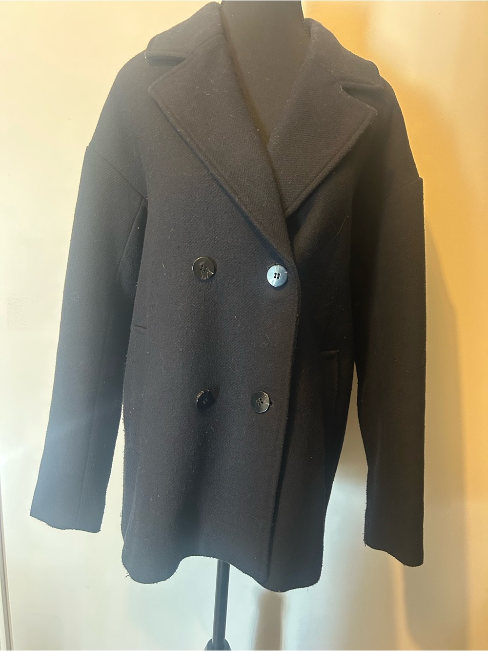 Women's Black Double-Breasted Peacoat with Tailored Lapel